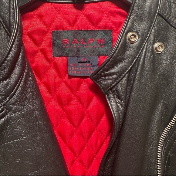 RALPH Ralph Lauren Genuine Leather Black Moto Jacket Quilted Red Lining Medium - Picture 4 of 16